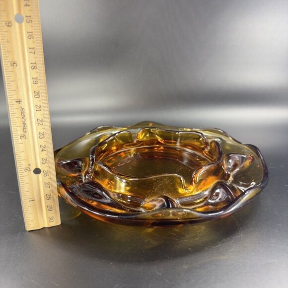 1960s Vintage Amber Glass Ashtray Dish Wavy Edges Vintage Glass Decor 8 In Wide - Picture 5 of 15